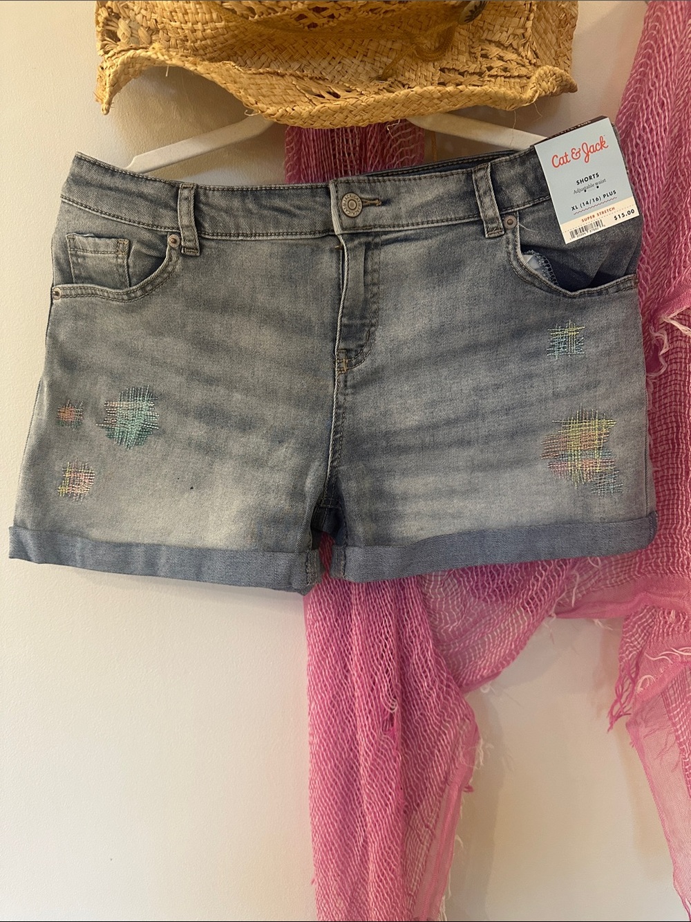 Cat & Jack Light Wash Denim Shorts with Pastel Cross-Stitch Detail - Light Blue